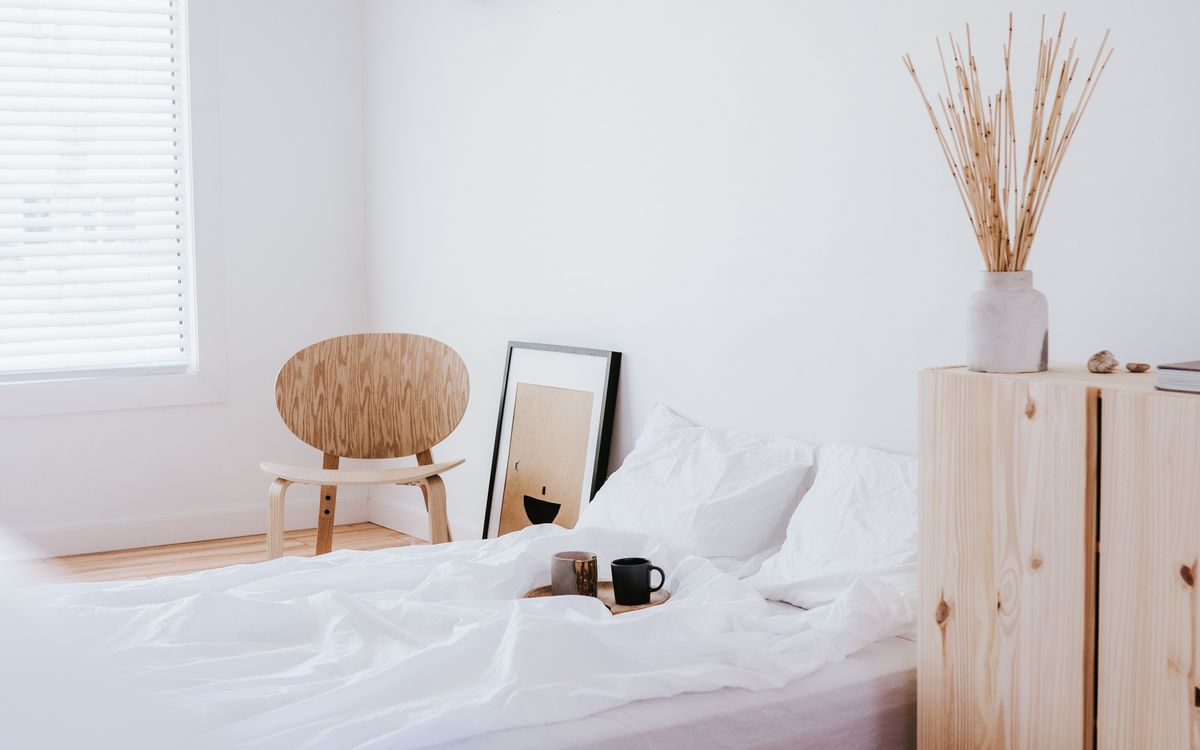 A bright staged bedroom